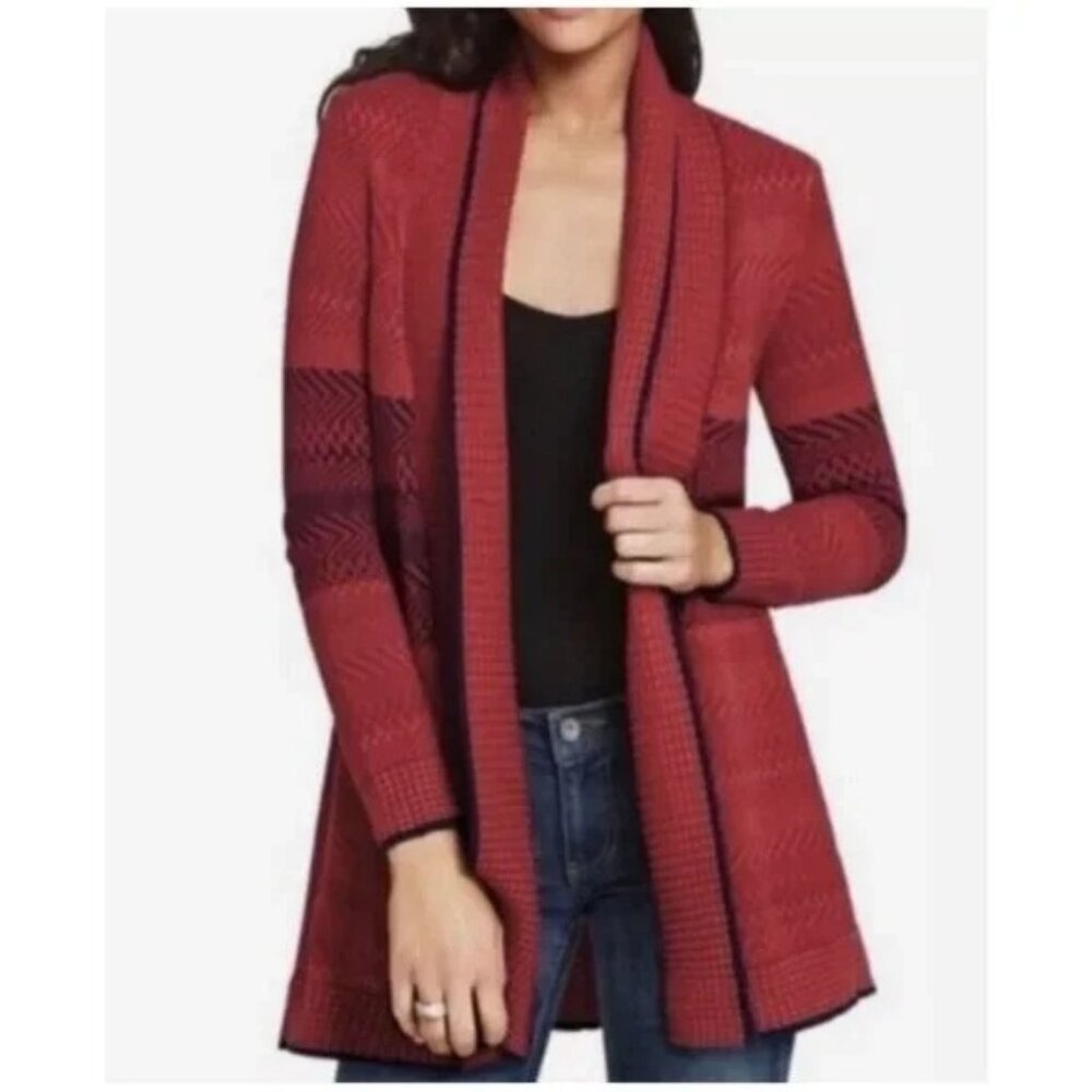 CABI Joy Open Cardigan Red Navy Sz S #897 EUC
